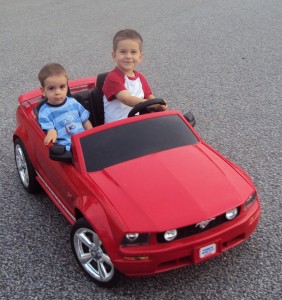 Josiah and Levi in the Toy Red Mustang