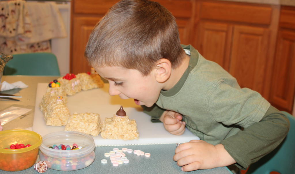 Josiah decorating the Rice Krispies Train